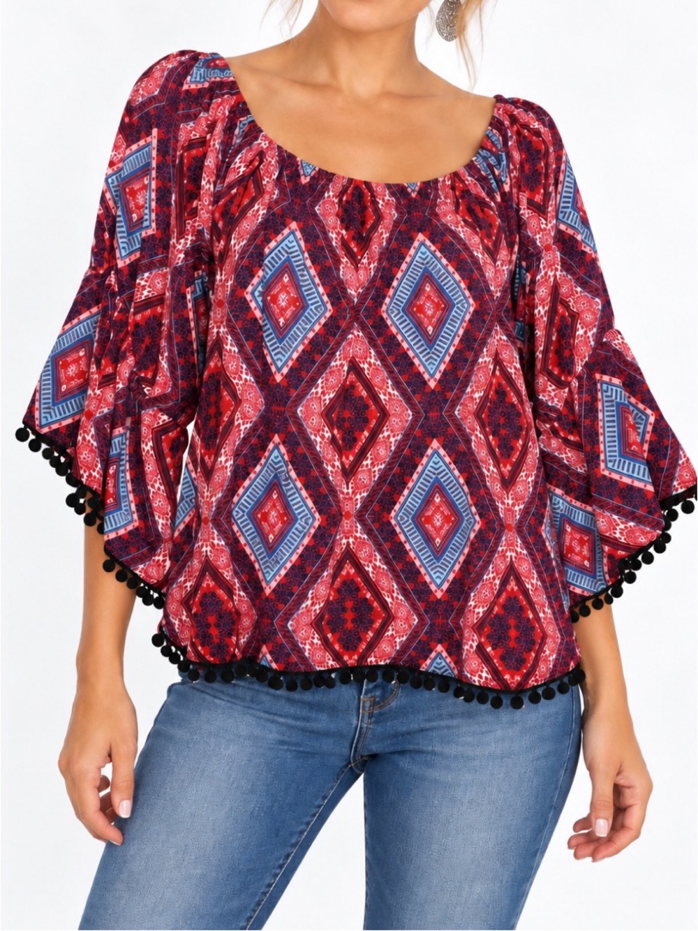 Wrangler off-the-shoulder blouse w/ a vibrant, multi-colored geometric pattern